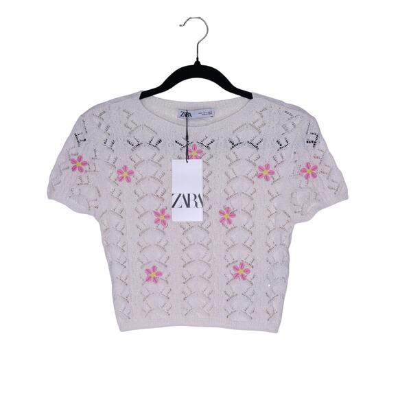 Zara Tops - ZARA NEW Floral Crochet Knit Top Ivory Embroidered Short Sleeve Women's S